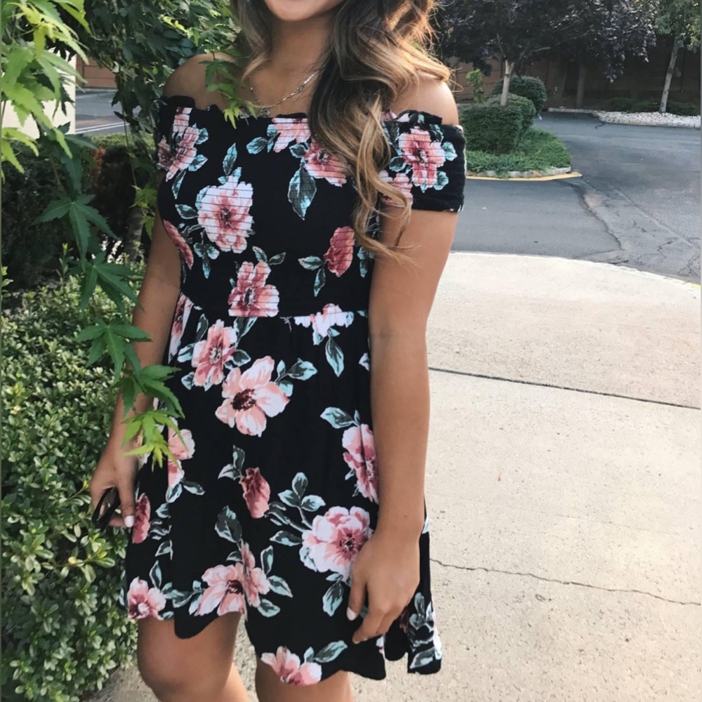 Off-the Shoulder Black & Floral Dress